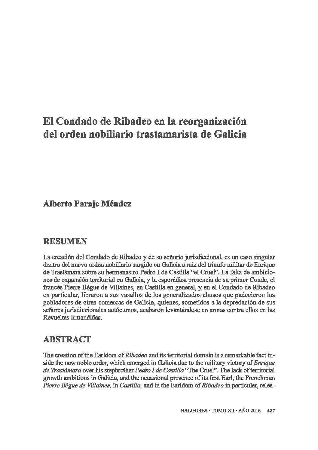 El Condado de Ribadeo en la reorganización del orden nobiliario trastamarista de Galicia