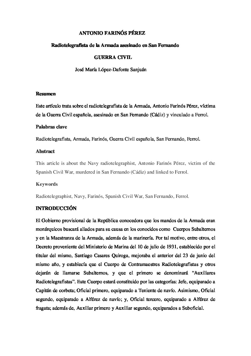 Antonio Farinós Pérez, Radiotelegrafista de la Armada asesinado en San Fernando