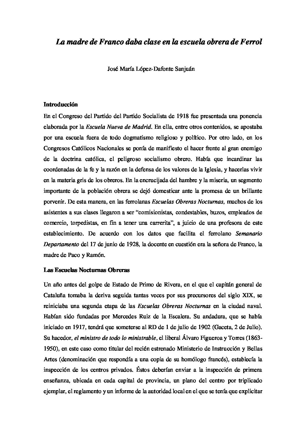 La madre de Franco daba clase en la escuela obrera de Ferrol