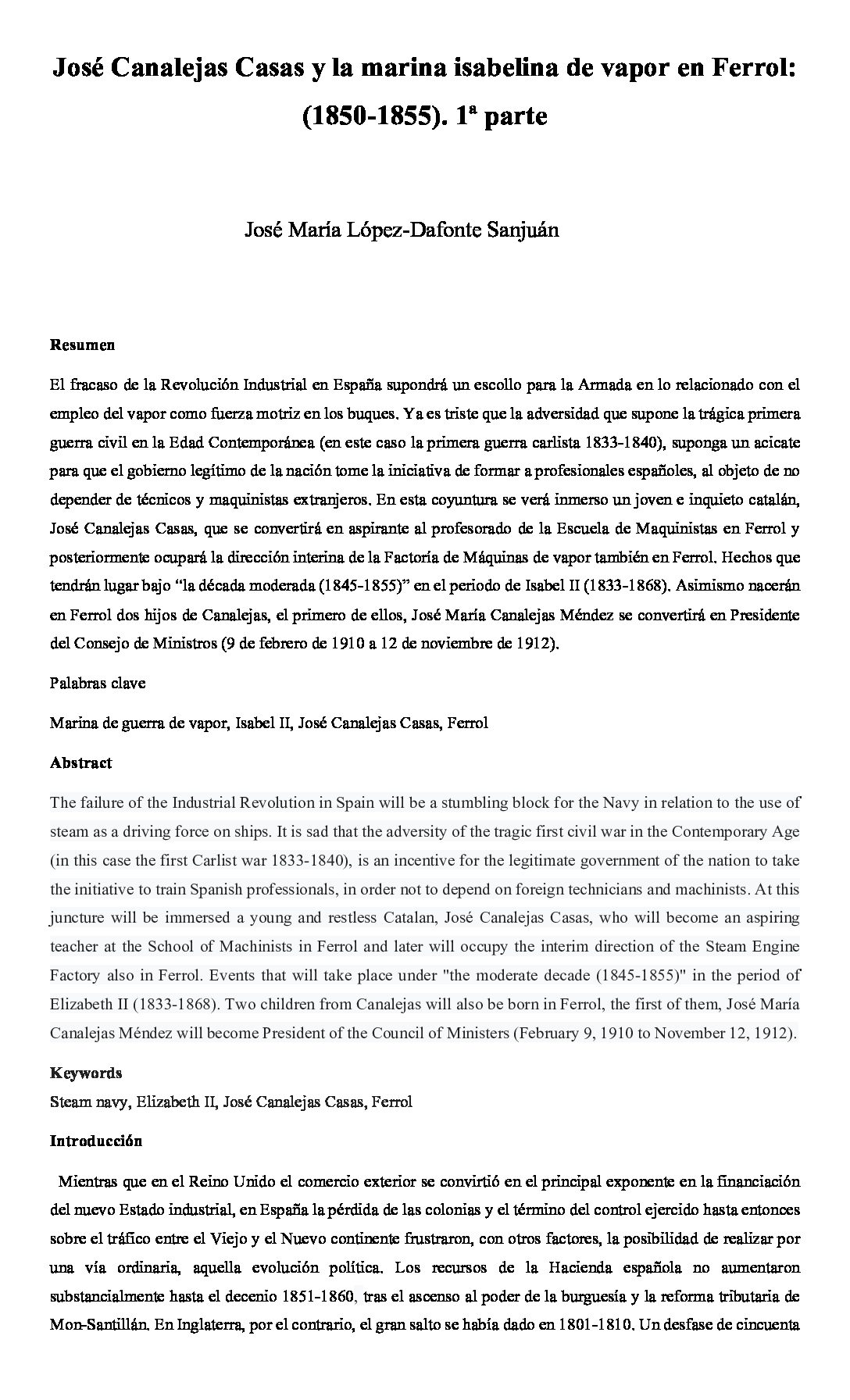 José Canalejas Casas y la marina isabelina de vapor en Ferrol: (1850-1855). 1a parte