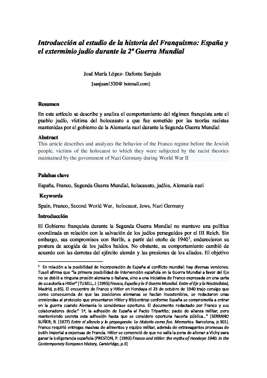 Introducción al estudio de la historia del Franquismo: España y el exterminio judío durante la 2ª Guerra Mundial