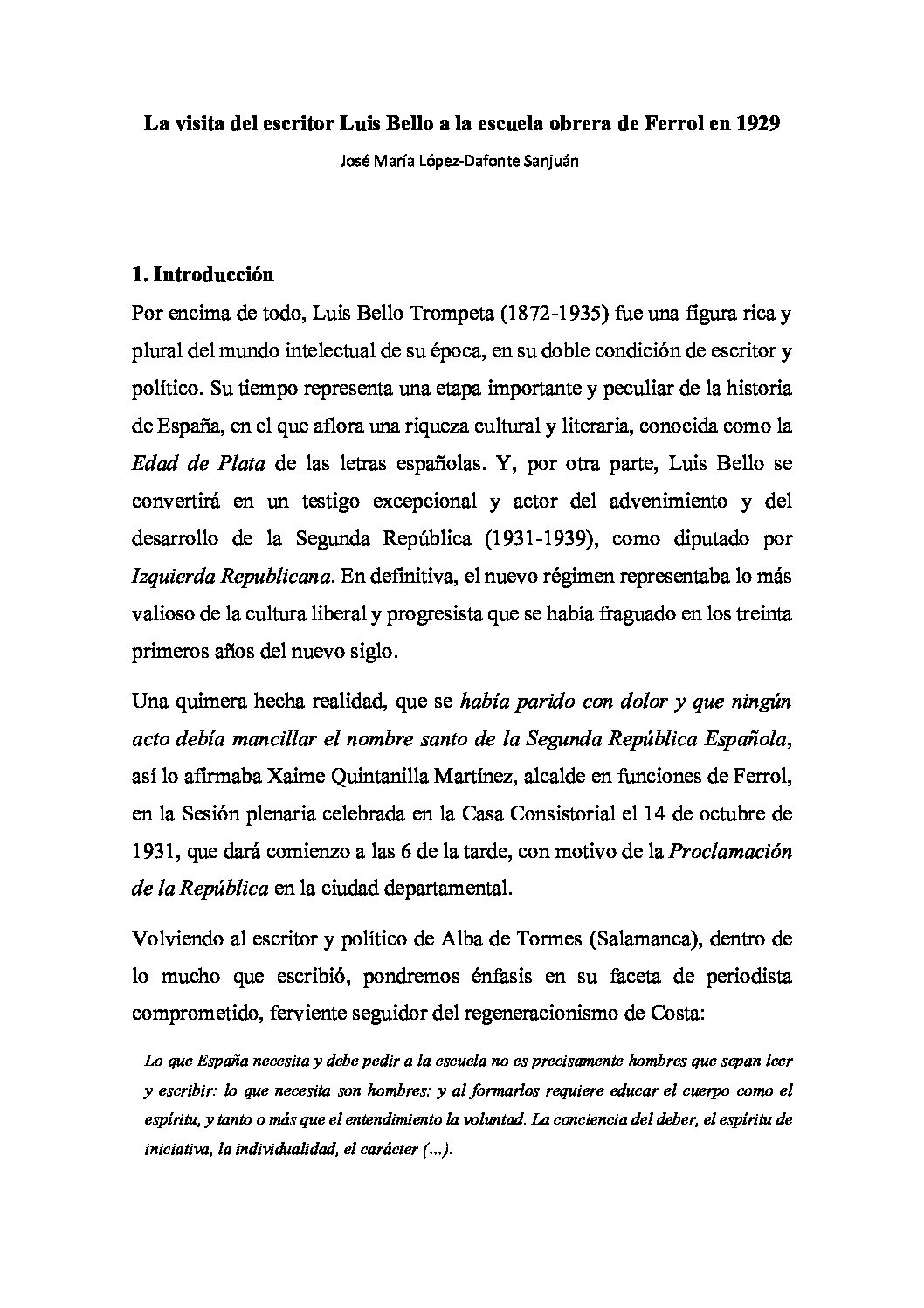 La visita del escritor Luis Bello a la escuela obrera de Ferrol en 1929