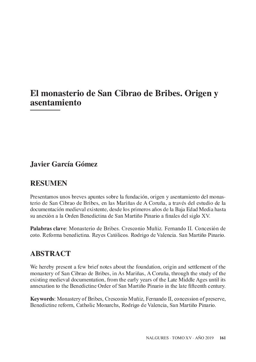 El monasterio de San Cibrao de Bribes. Origen y asentamiento.