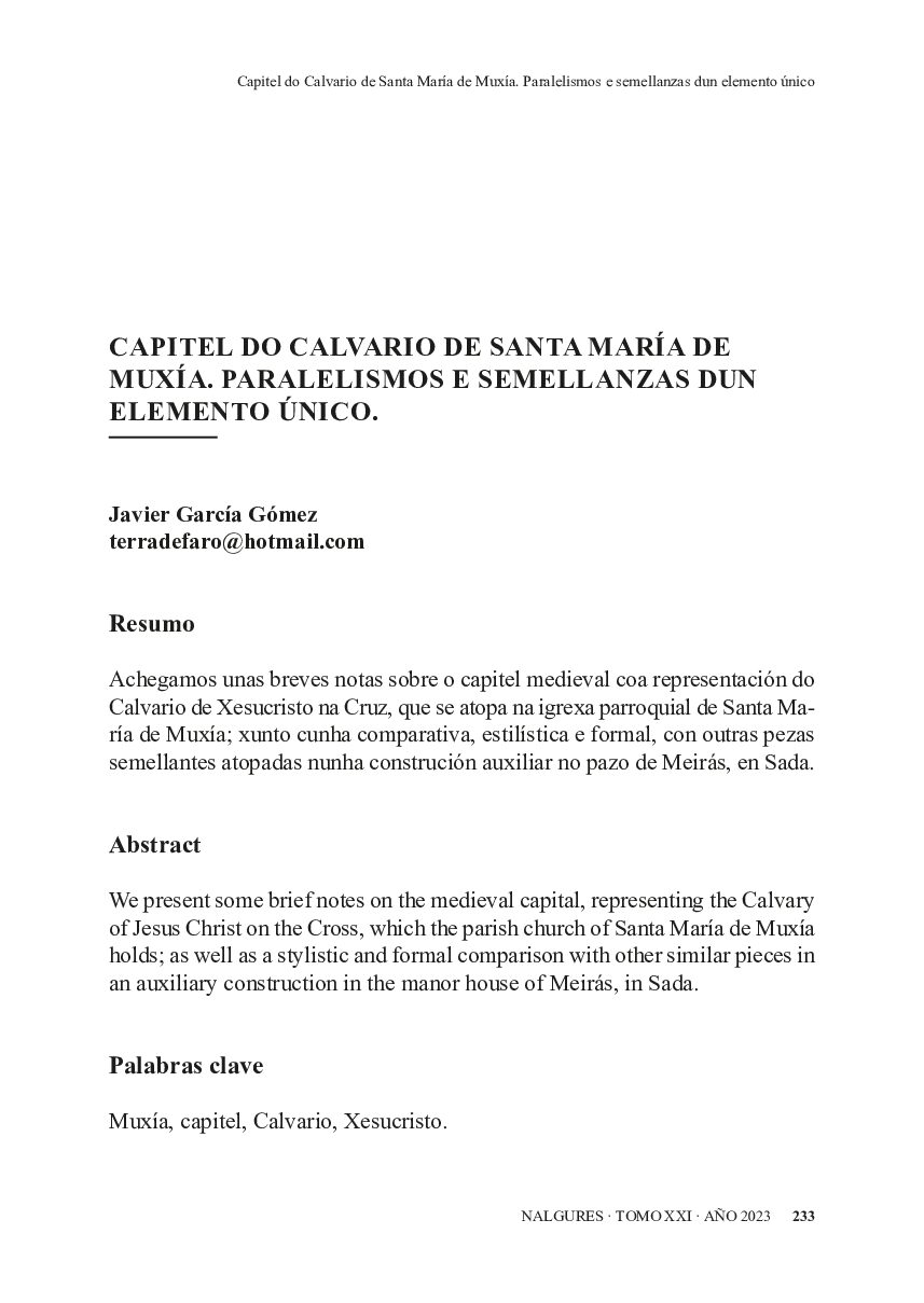 Capitel do Calvario de Santa María de Muxía. Paralelismos e semellanzas dun elemento único.