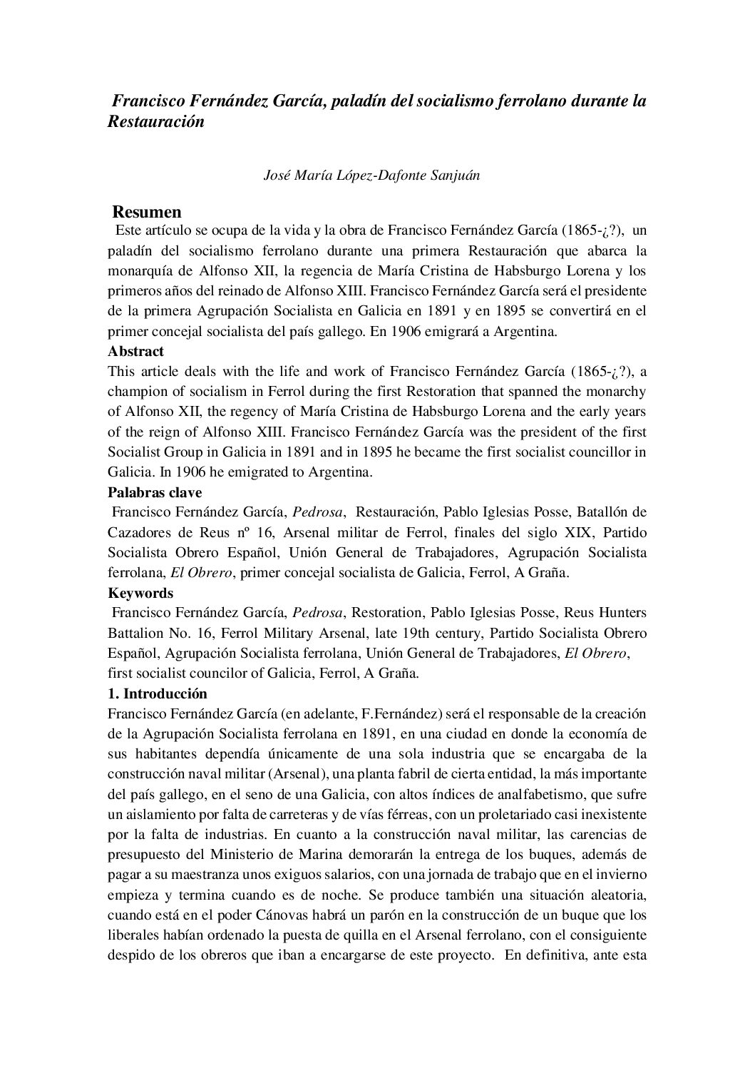 Francisco Fernández García, paladín del socialismo ferrolano durante la Restauración