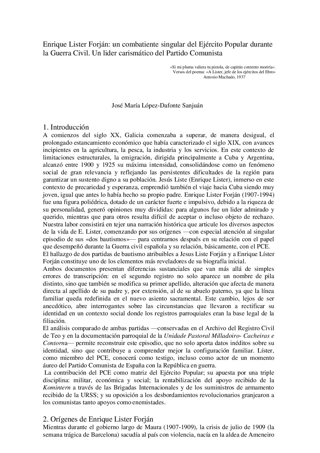 Enrique Lister Forján: un combatiente singular del Ejército Popular durante la Guerra Civil. Un lider carismático del Partido Comunista